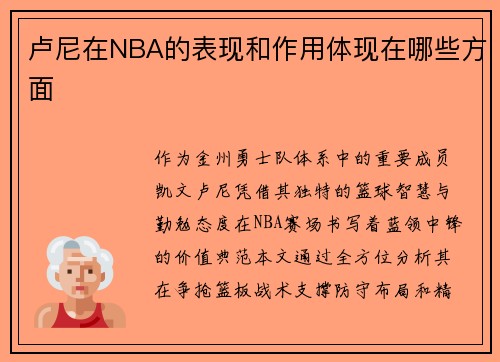 卢尼在NBA的表现和作用体现在哪些方面